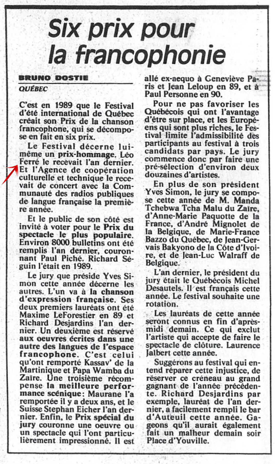 Léo Ferré - La Presse, 13 juillet 1991, D. Arts et spectacles
